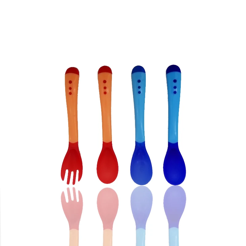 Color Changeable Feeding Training Baby Feeder Silicone Spoon and Fork Set