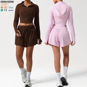 XW-sm2544-2  Activewear Manufacturer Hoodie with Zipper Outdoor Breathable Quick-drying Workout Shorts Women Gym Set