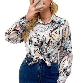 Wholesale Cartoon Print Blouse For Women Cat Printed Funny Chiffon Shirt Loose Long Sleeve Tops
