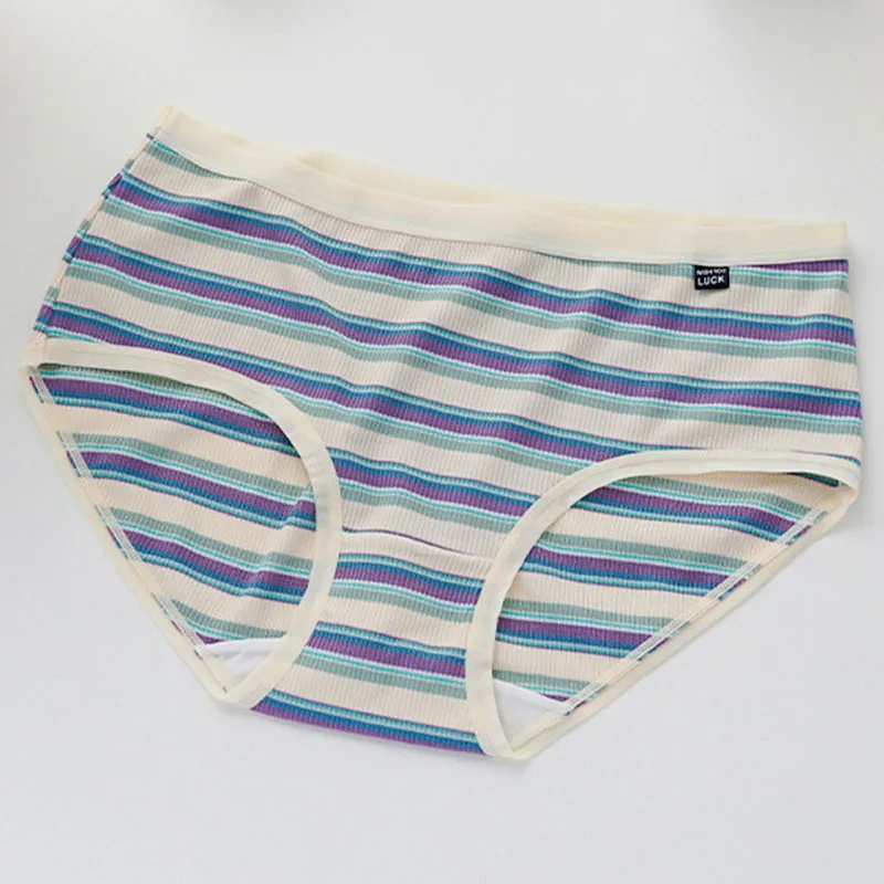 Super Soft High Elastic Color Contrast Stripe Girls Simple rainbow Breathable Mid Waist Women's Briefs