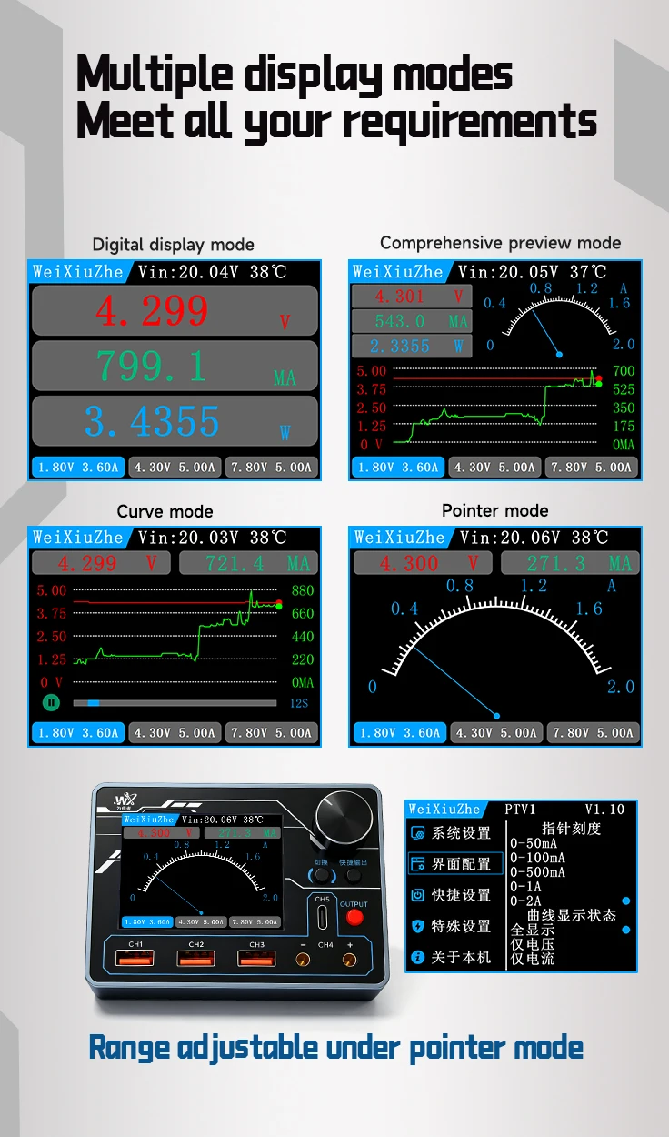 Weixiuzhe PTV1 Smart Power Supply 13V 5A/0.1mA Resolution PD/QC Input/ AI Data Analysis Curve Playback for Precision Maintenance