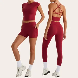 2026 Custom Activewear Ladies Workout Fitness Clothing Set Halter Neck Tank Top Shorts Tights Breathable Elastic Sportswear