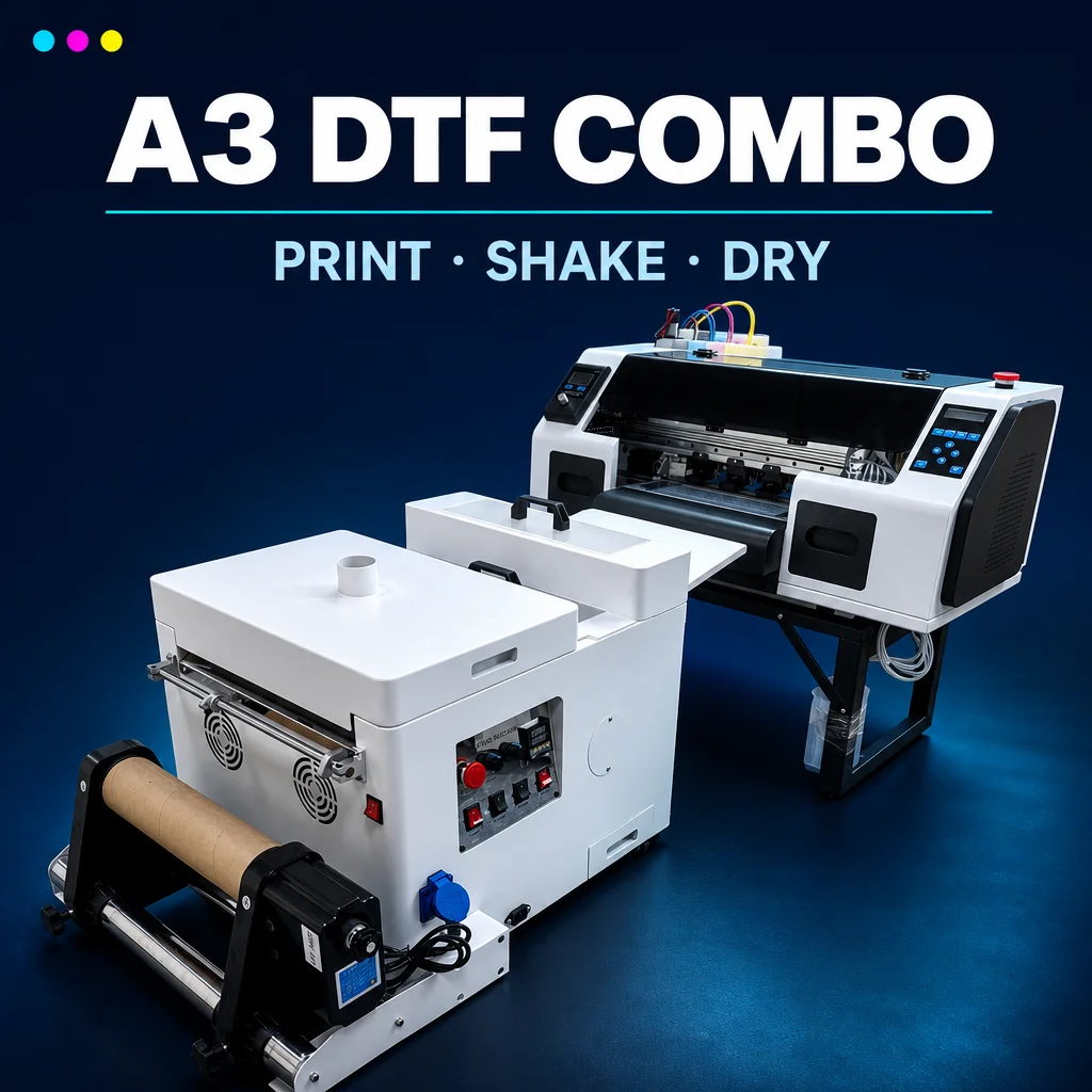 Compact A3 DTF Printer Dual XP600 Printhead All-in-One Powder Shaker White Color Printing for Custom T-Shirt Small Business