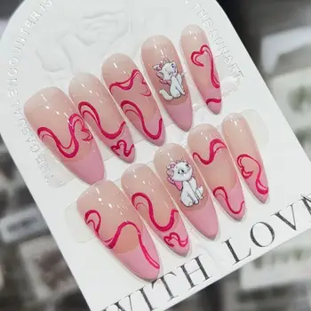 Donghai Advanced Sense Cat French Ribbon Nail Art Handmade Wearing Armor Style Removable Nail Pieces for Finger Wholesale