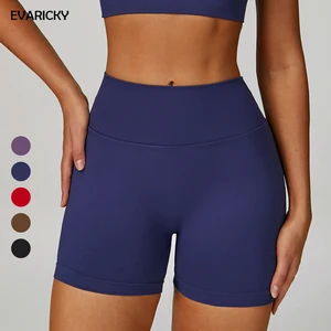 Women's Seamless Knit Yoga Shorts Quick-Drying V-Shape Back Gym Shorts for Running Breathable Elastic Waist Solid Color Shorts