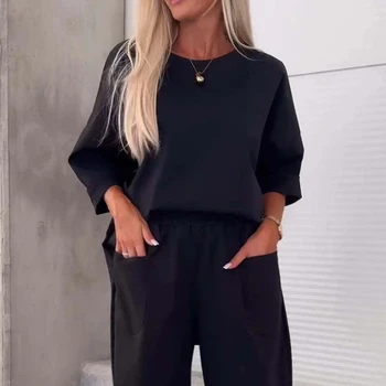 Women's Summer Fitness Two-Piece Set Casual Satin Cotton Chiffon Bow Collar Top Knee-Length Shorts ODM Supply Pattern