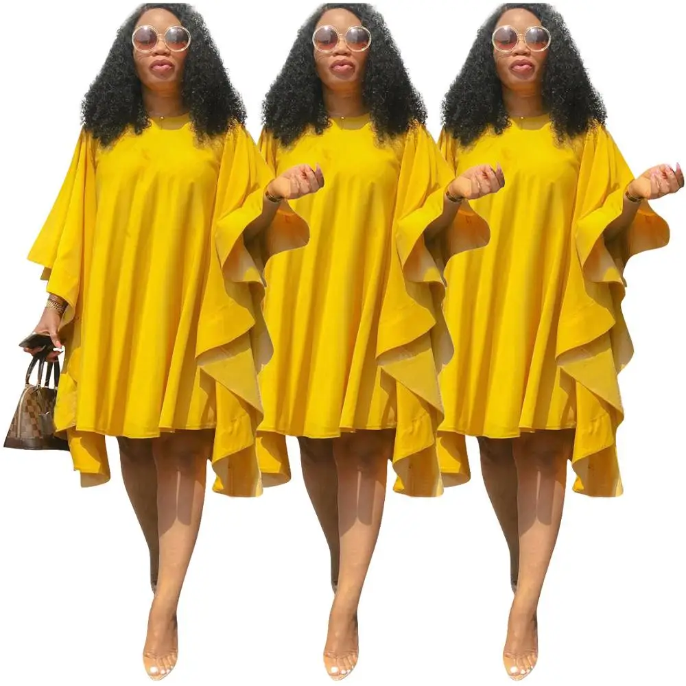 Europe and America Size Womens Long Sleeve Dresses Women Casual Pleated Loose Yellow Dress