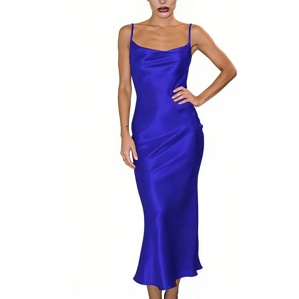 Women's Satin Cowl Neck Mermaid Maxi Dress Backless Tie Back Bodycon  Evening Gown Dresses Sehe Fashion