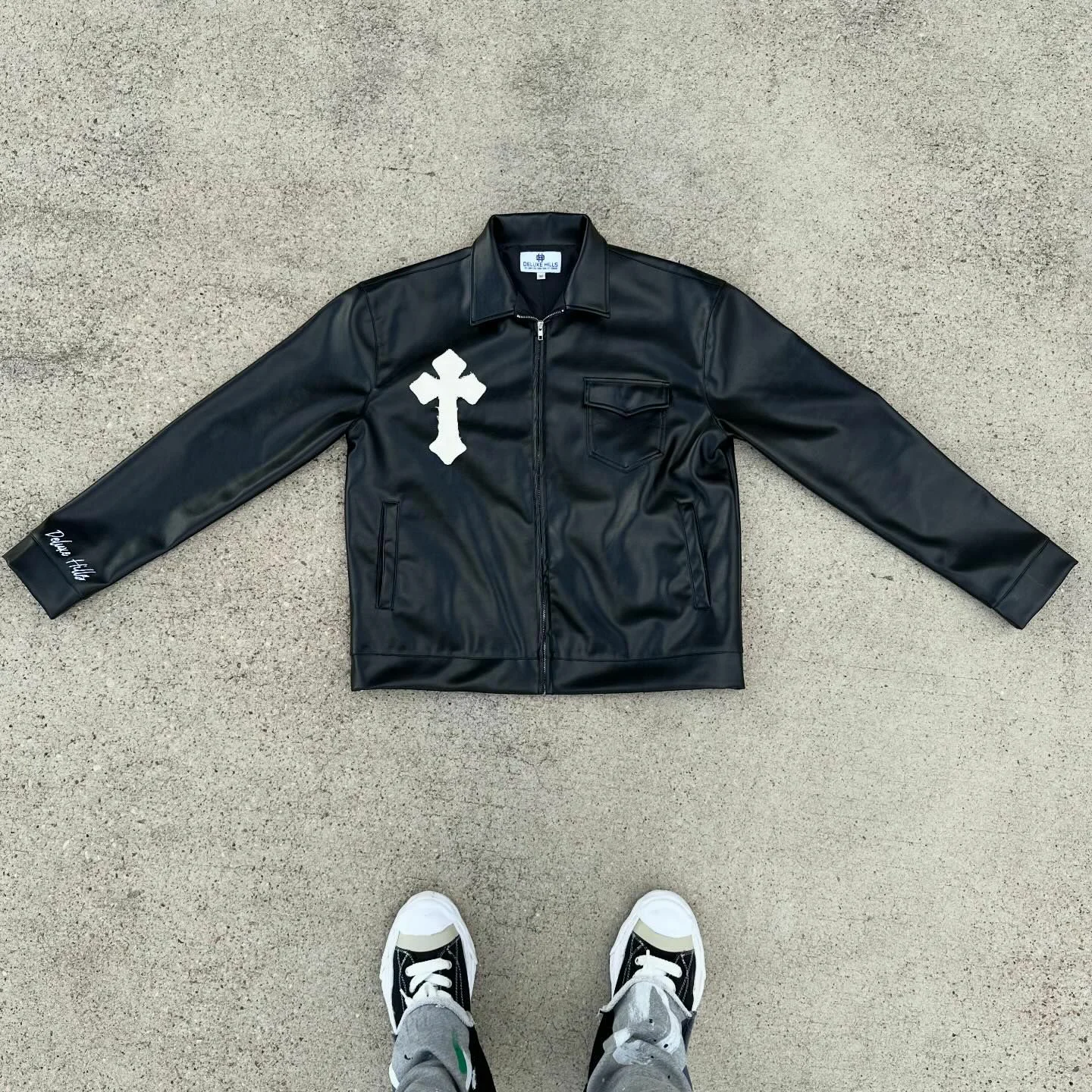 Custom Lapel Latest Design Coats Mens Streetwear Zip up Pu Patches Embroidery Applique Moto Leather Long Sleeve Jackets for Men gallery 2