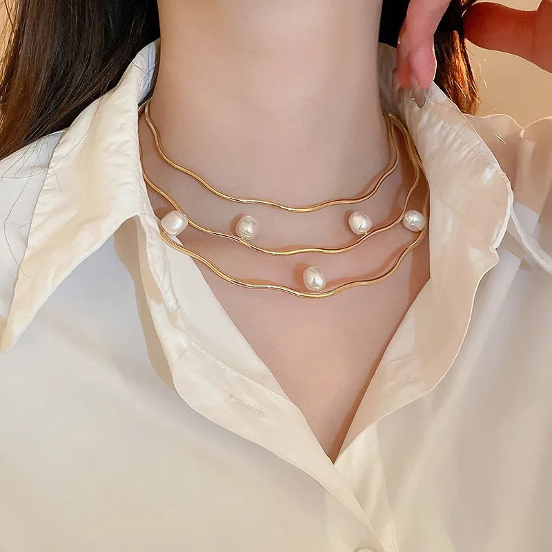 Wave Pearl Three Layer Collar European and American Cold Wind Exaggerated Design Sense Necklace