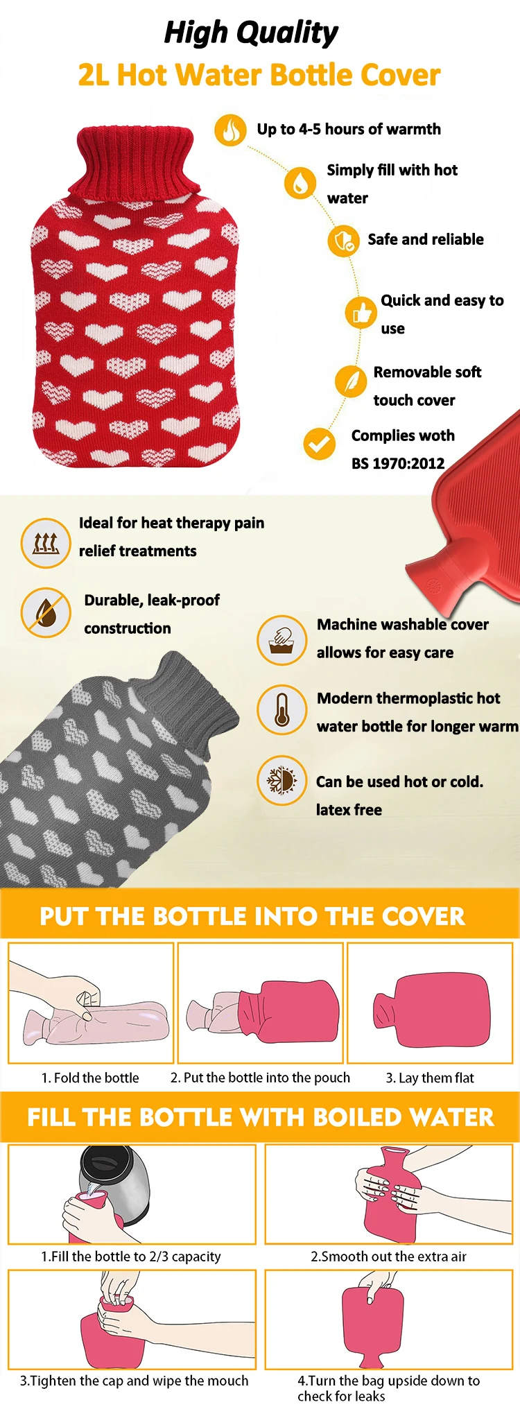 1l 2l long term insulation wearable hot water bottle bag rubber knit cover for neck shoulder cramp pain relief foot hand warmer