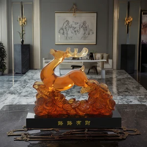 Glass Liuli Auspicious Animal Deer With Ingot Fengshui Figurine Decorative Business Craft