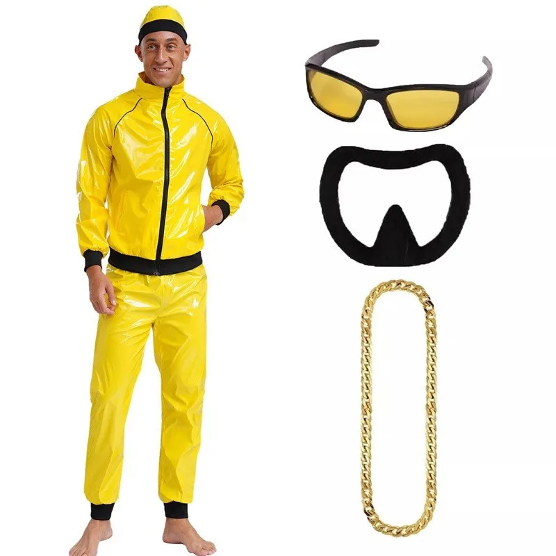 New Men's 90s Rap Singer Costume - Yellow Sportswear, Gold Chains,  Sunglasses & Accessories for 90s Theme Parties