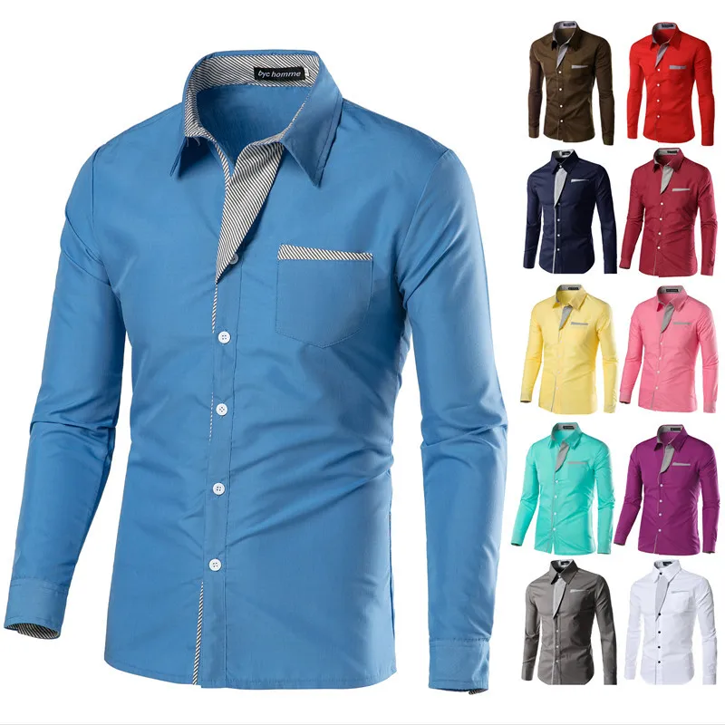 New Fashion Men's Satin Blouse Spring Autumn Long Sleeve Business Tops Solid Contrast Color Button Lapel Casual Shirt Breathable