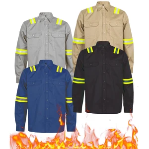FR Shirt for Men Cat-2 Fire Resistant Shirt with High Visibility Reflective Tapes ATPV 8.7 Cal/cm2 NFPA 70E & 2112 Compliant