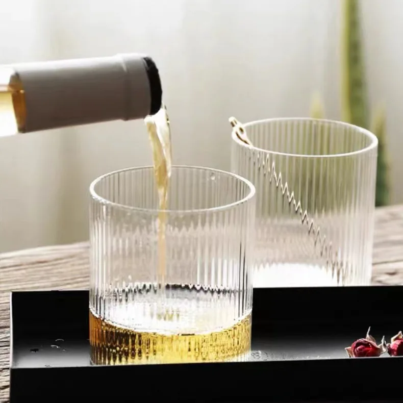 Transparent Ribbed Juice Water Glass Cup 300ml Handmade Vertical Pattern  Drinking Glasses Whisky  Glass Mug