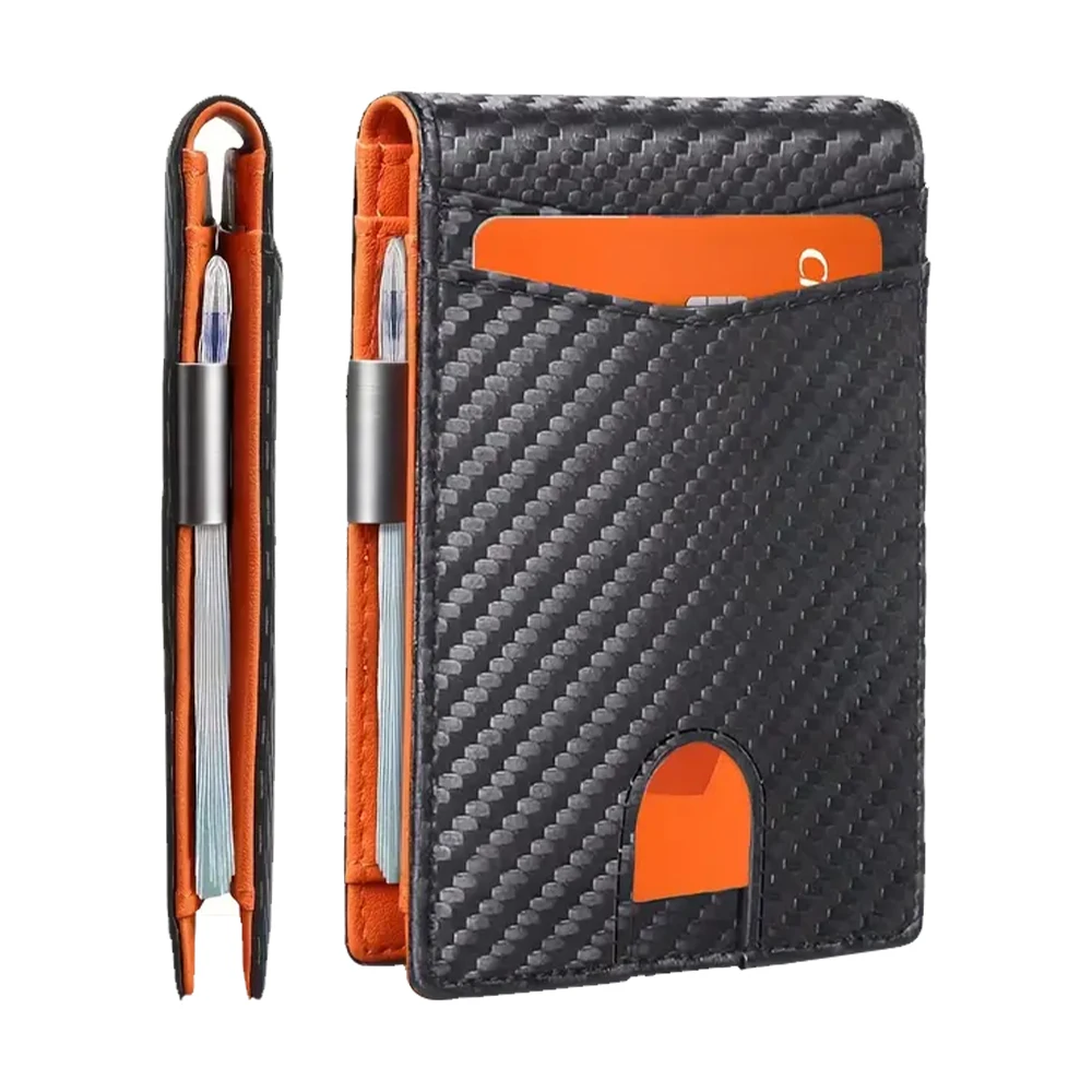 Customize Mens Front Pocket Money Clip Wallet RFID Blocking Carbon Fiber Wallet ID Window Large Capacity Wallet