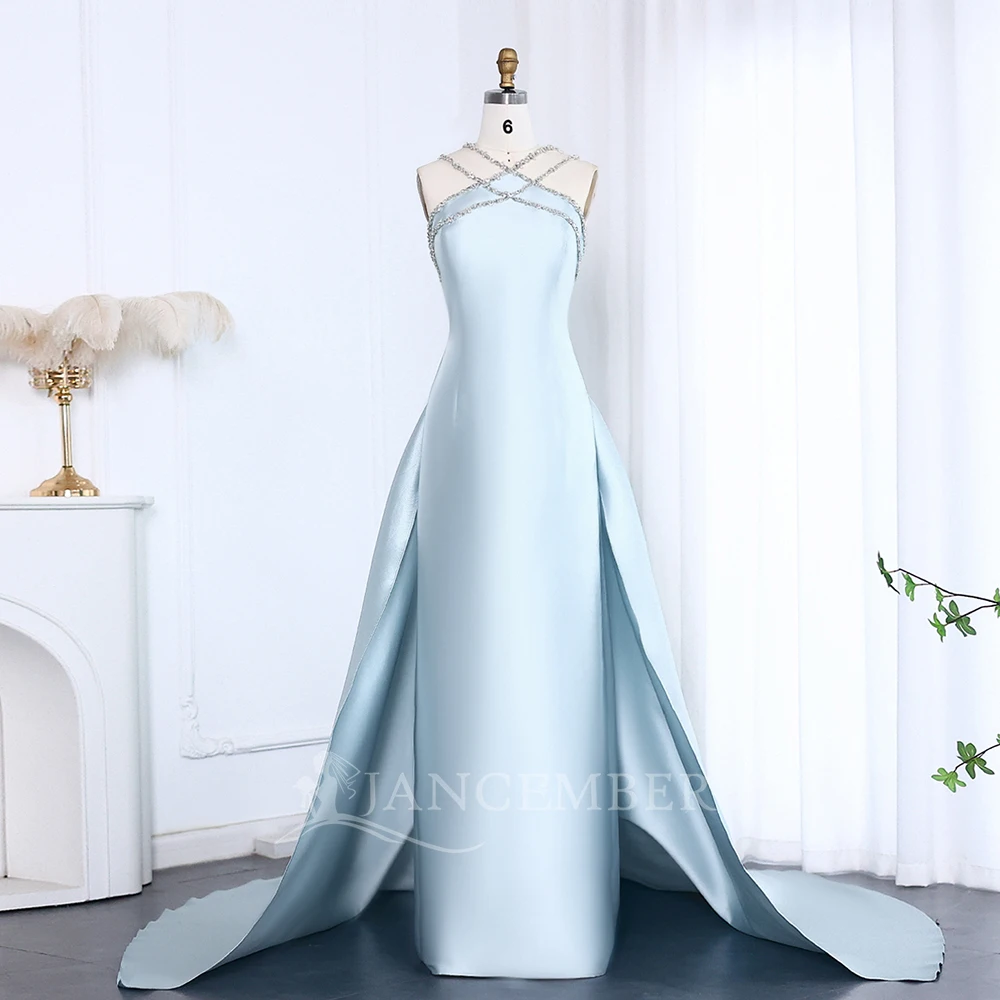 Elegant Light Blue Satin Arabic Evening Dress for Weeding Overskirt Formal  Party Gowns SF048