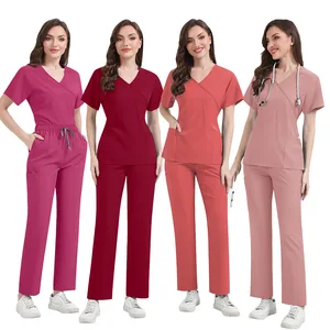 Custom Made Hohtome Solid Color Short Sleeve Scrubs Sets Stand Collar Wide Leg Pants Unisex Doctors Nurses Hospital Uniforms