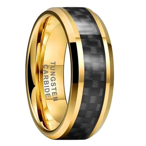 Coolstyle Jewelry 8mm Gold Tungsten Ring Men Women Engagement Wedding Band Black Carbon Fiber Inlay Beveled Edges Comfort Fit