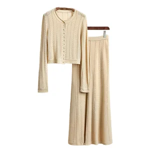 Custom  Women's Casual French Vintage Anti-Wrinkle Knitted Skirt Set Long Sleeve Hollow-Out Cardigan Co-ord Set for Ladies