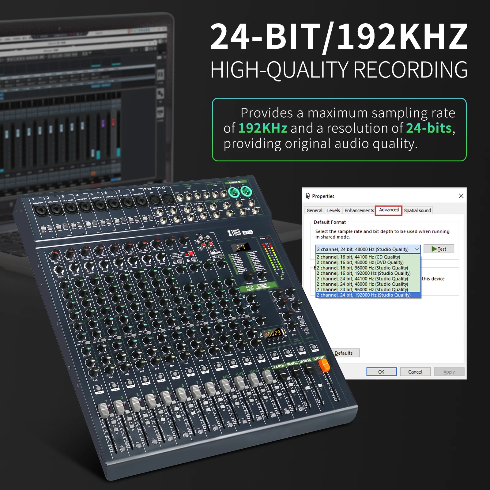 XTUGA BX16 - 16 Channel Professional Audio Mixer with Effects