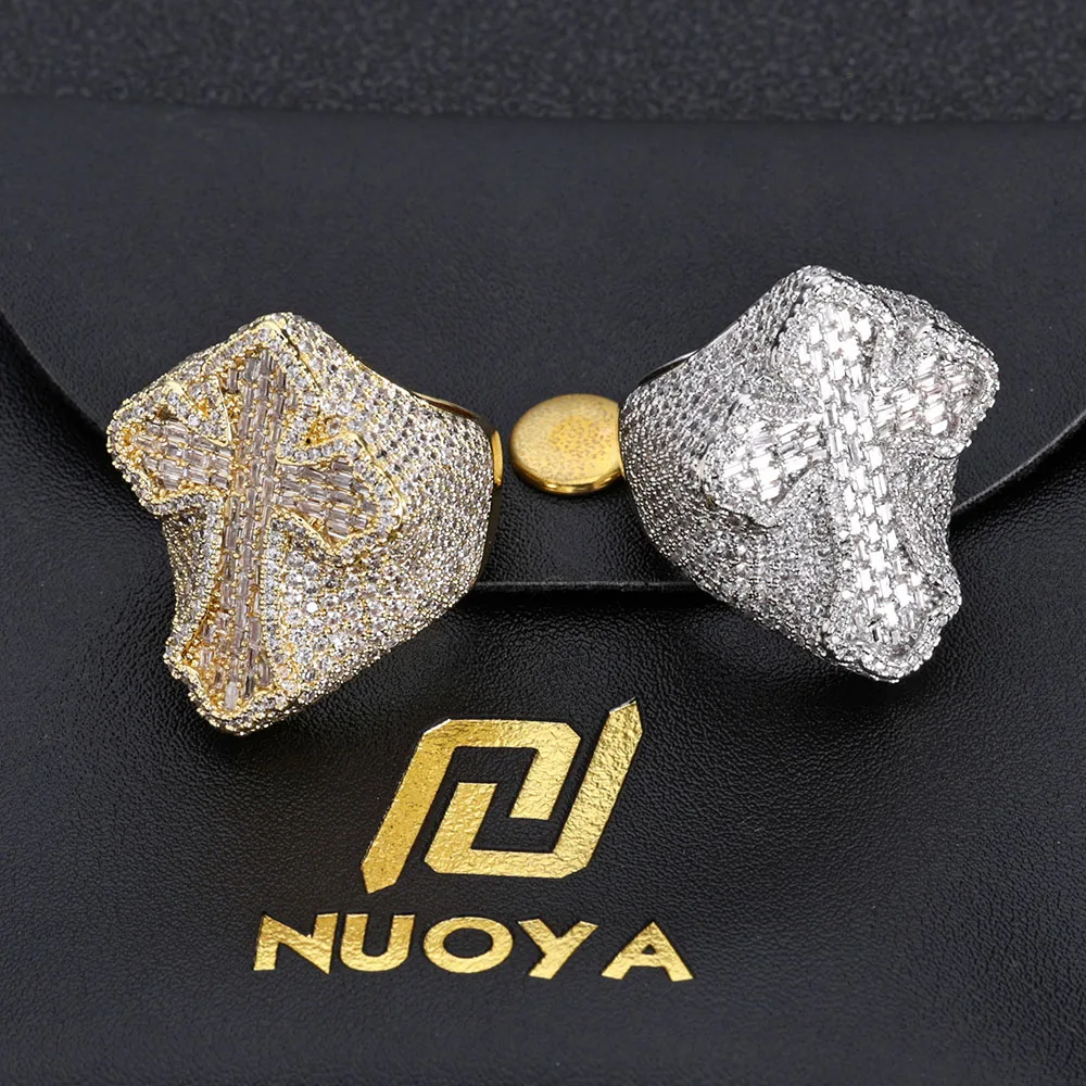 NUOYA Hip Hop Rapper Jewelry Shiny Diamond Cross Ring for Men White Gold Plated Micro Pa aperçu 4