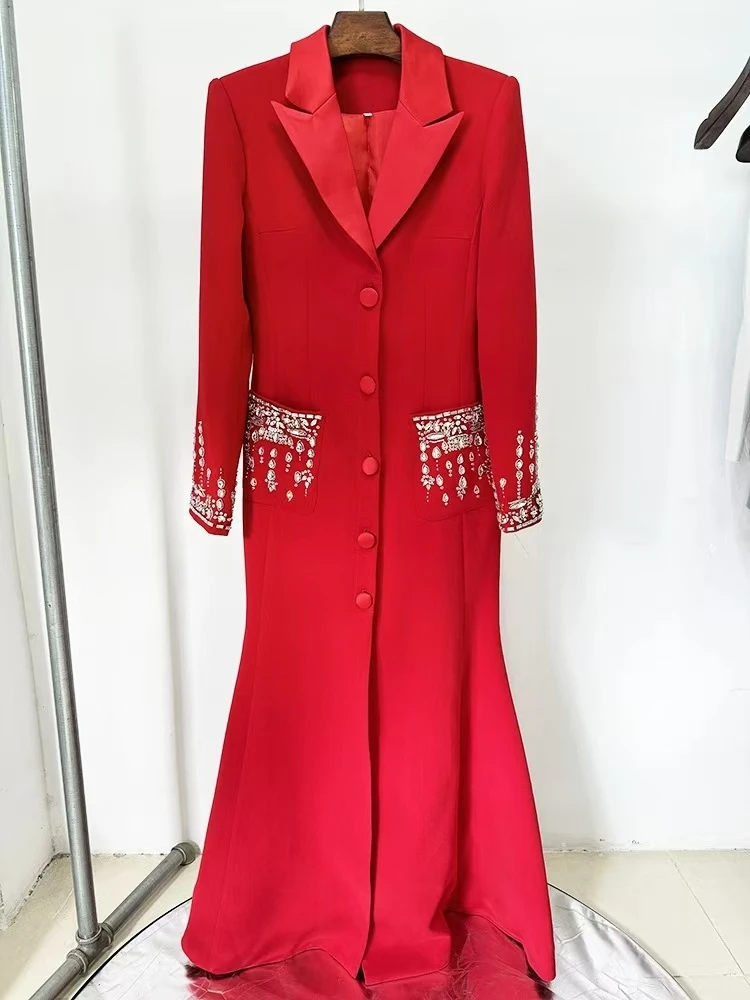 Black Long Sleeve Crystal Blazer Dress for Women - Elegant Maxi Dress