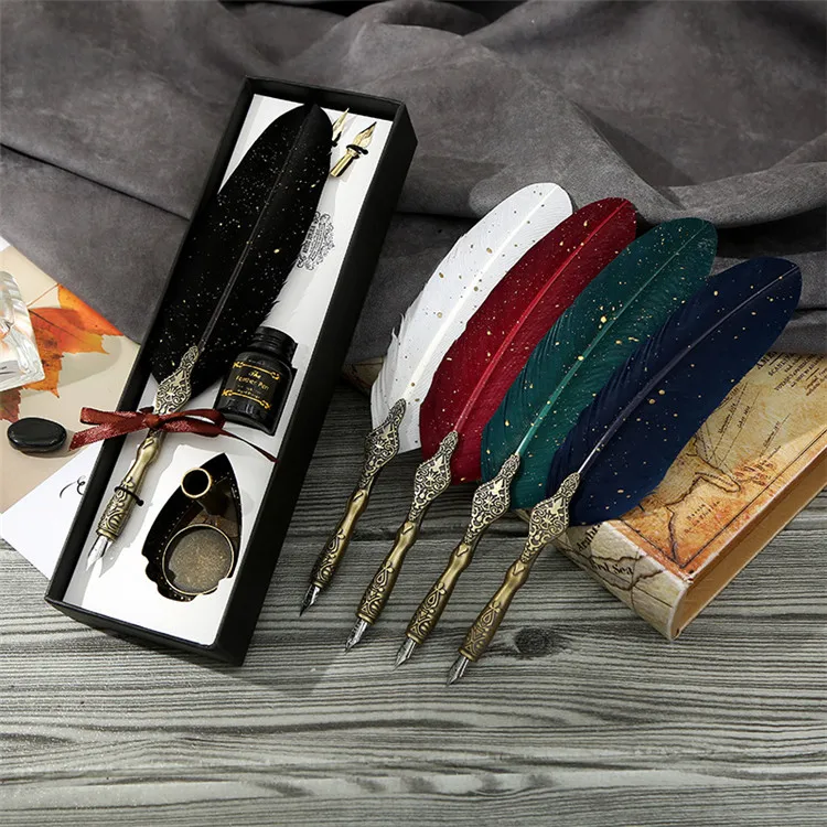 Vintage Calligraphy Feather Dip Pen Fashion Pen Handle 2/5 Nib Writing Ink Set Quill Fountain Pen Writing Set Birthday Gift