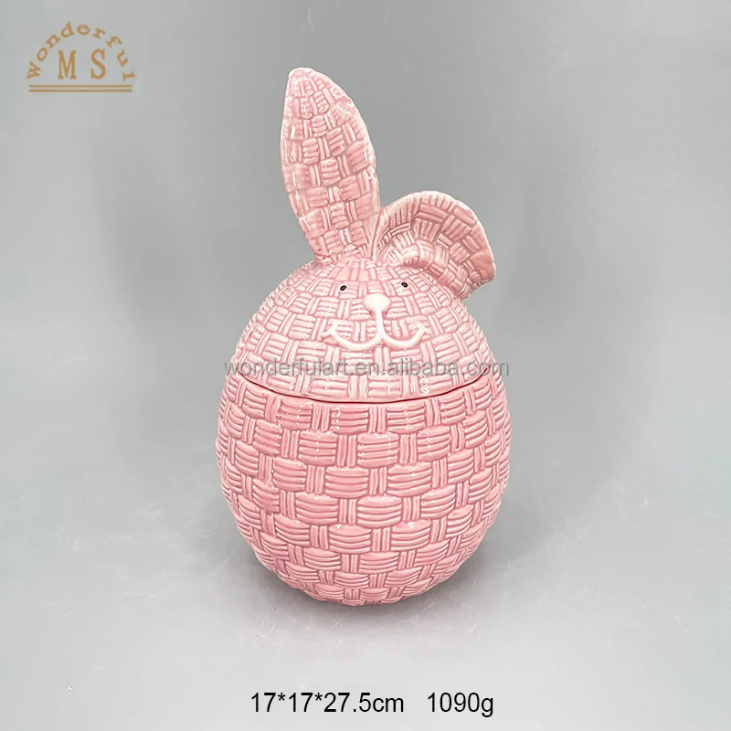 Customized Egg Rabbit Shape Kitchen Jar Ceramic Food Jar Cute Pink White Bunny Design for Daily or Easter Tabletop Decoration
