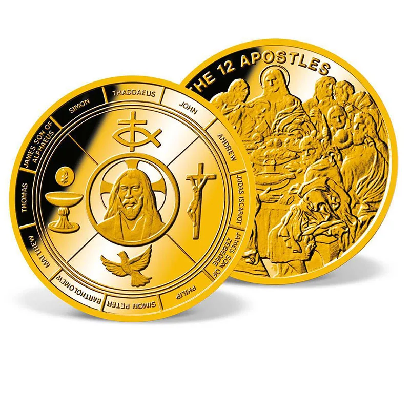 Custom 12 Apostles Commemorative Gold Plated Christianity Souvenir Challenge Coin Double Sided Metal Antique Design Engraved 3D