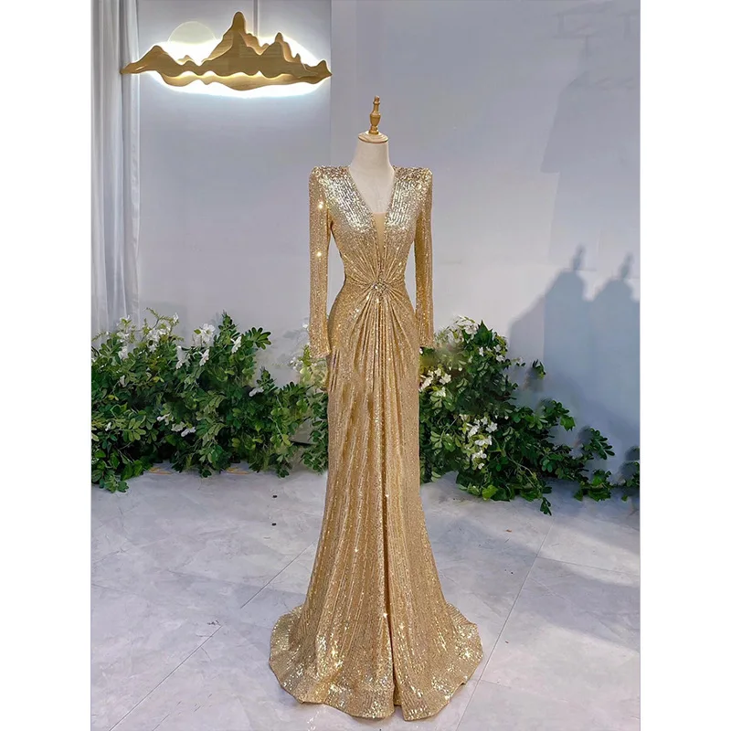 slim fit dress slacks Gold Sequin Spaghetti Strap Sexy High Slit Party Dresses,CP0174 US10 / As Pic main image 1