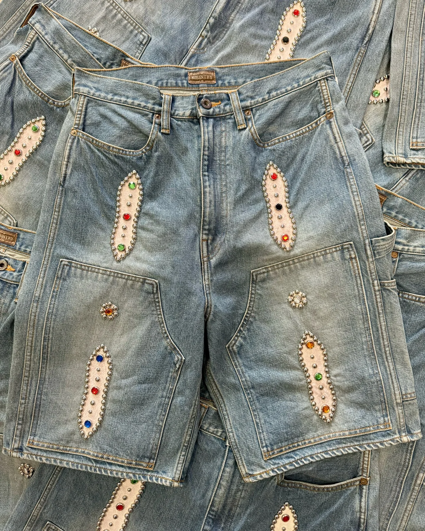 Salati Custom Design Distressed Vintage Rhinestone Acid Wash High Summer Carpenter Cargo Denim Trousers/Jeans Shorts Jorts Men gallery 2