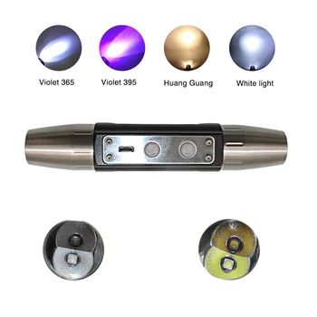 Professional 3 Color Gems Torch Light USB Rechargeable UV Flashlight Stainless Jade LED Torch