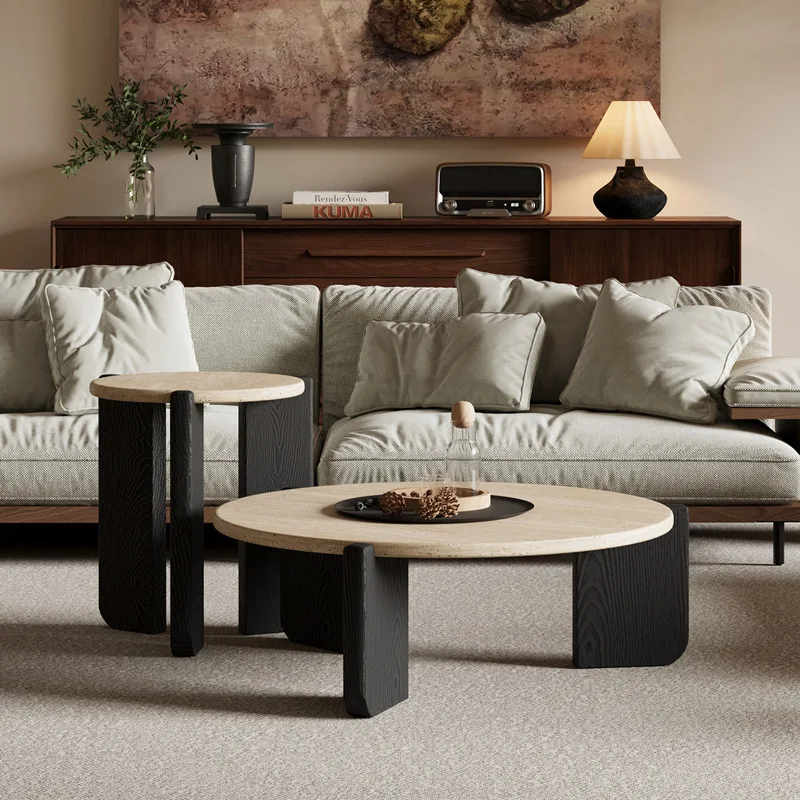 Modern Luxury Natural Stone Marble Light Coffee Table Wabi-Sabi Style Red Oak for Home Dining and Living Room Furniture