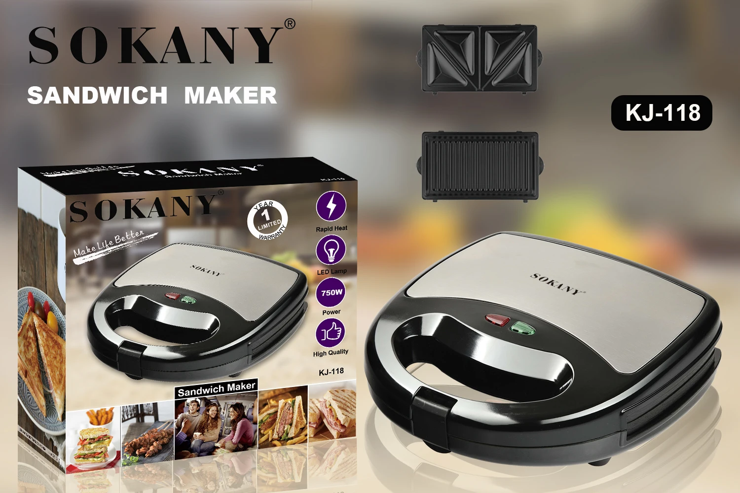 SOKANY Electric Panini Press Sandwich Maker Grill with Nonstick Grids, Medium, Chrome Finish