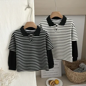 Customized Children's Polo Shirt Spring Autumn Korean Baby Boys Lapel Striped Long Sleeve T-shirt Top Wear Clothes for Kids
