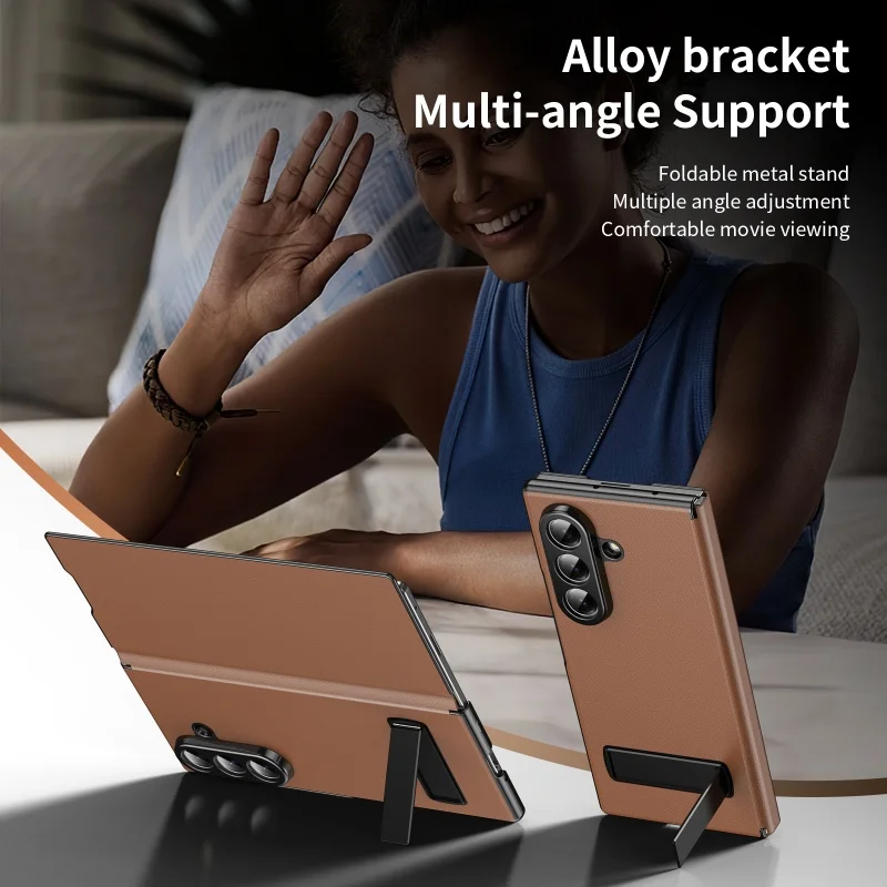 Luxury PU Leather Cell Phone Case for Samsung Z Fold 3 4 5 6 With Metal Bracket Hard PC Shockproof Protective Back Cover