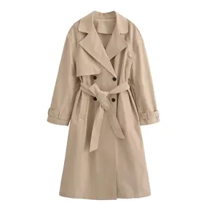 Stylish Women's Rich Burgundy Blend Trench Coat High Quality Double-Breasted with Buttons Belt Cinch Waist Large for Spring