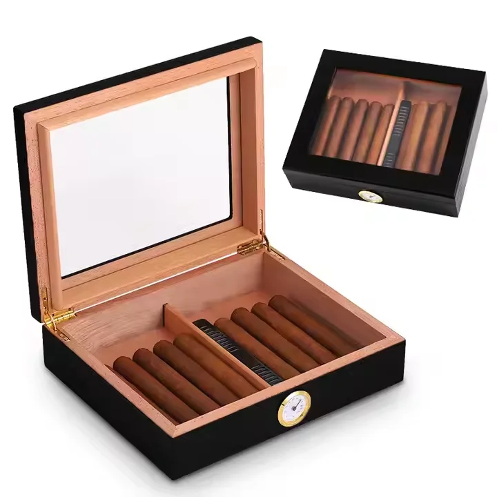 202412 Custom Wooden Cedar Cigar Boxes with Hygrometer Lock Cabinet Wholesale Wooden Luxury Zipper Display Storage Cigar Box