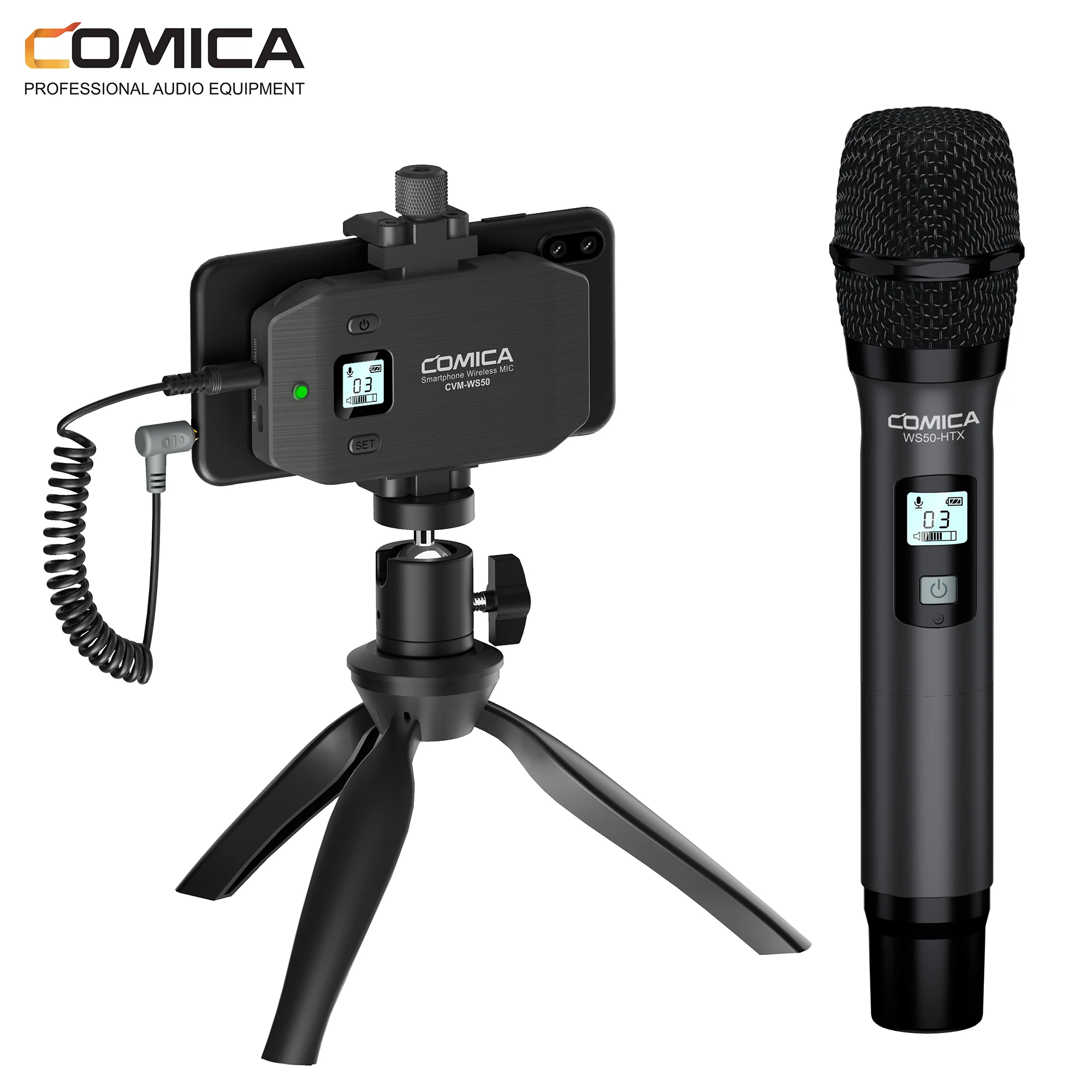 Comica CVM-WS50(H) Sistema de micrófono inalámbrico, micrófono de  entrevista de mano de 6 canales con agarre de combinación flexible para  teléfono