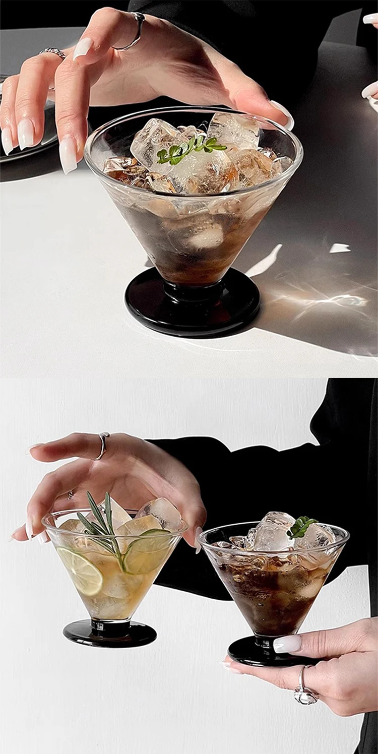 Unique Funell Shaped Clear Martini Glass Stemless Black Flat Bottom Ice Cream Cups Juice Cocktail Martini Wine Glasses Weddin