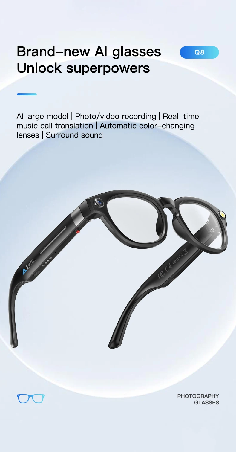 Chinese factory supplier supply  Sanvnet Q8 Smart Ai Glasses 8mp Camera Photo Video Recording Translation Automatic Color-changing Lenses Smart Wearable Headset - Buy Q8 Smart Glasses camera Smart Glasses smart Wearable Headset
