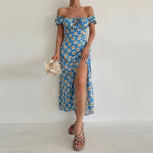 Summer 2023 New Boho Tea Break Skirt Square Neck Puff Sleeves Split Midi Dresses Women Long Floral Print Dress