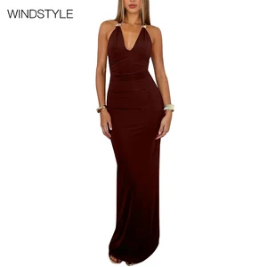 Women's Deep V Backless American Dress Sexy Metal Decorative Casual Floor-Length Breathable Woven Summer OEM Service Available