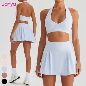 Janya Women's Breathable Quick Dry Halter Neck Gym Fitness Bra 2 Piece Gym Tennis Wear Golf Pickleball 2 in 1 Tennis Skirt Sets