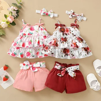 Baby tank tops suit baby girl 0-2 years old European and American flower suspenders cute cotton shorts summer suit