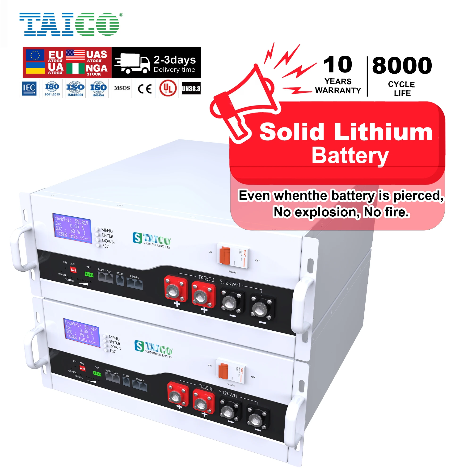 TAICO TKS500 Split Semi Solid 48v 100Ah Lithium Ion Batteries 5kWh 10kWh LiFePO4 Home Appliances 10 Years Warranty