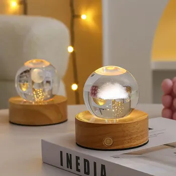 Solar System 3D Crystal Ball Night Light with Wooden Base LED Lamp & Warm White Laser Engraving Featuring Unicorn Moon Stars