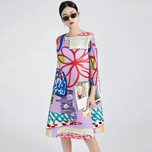 Miyake High Collar Pleated Midi Dress for Women Summer Casual Loose Stretch Print Plus Size Elastic Midsummer Dress
